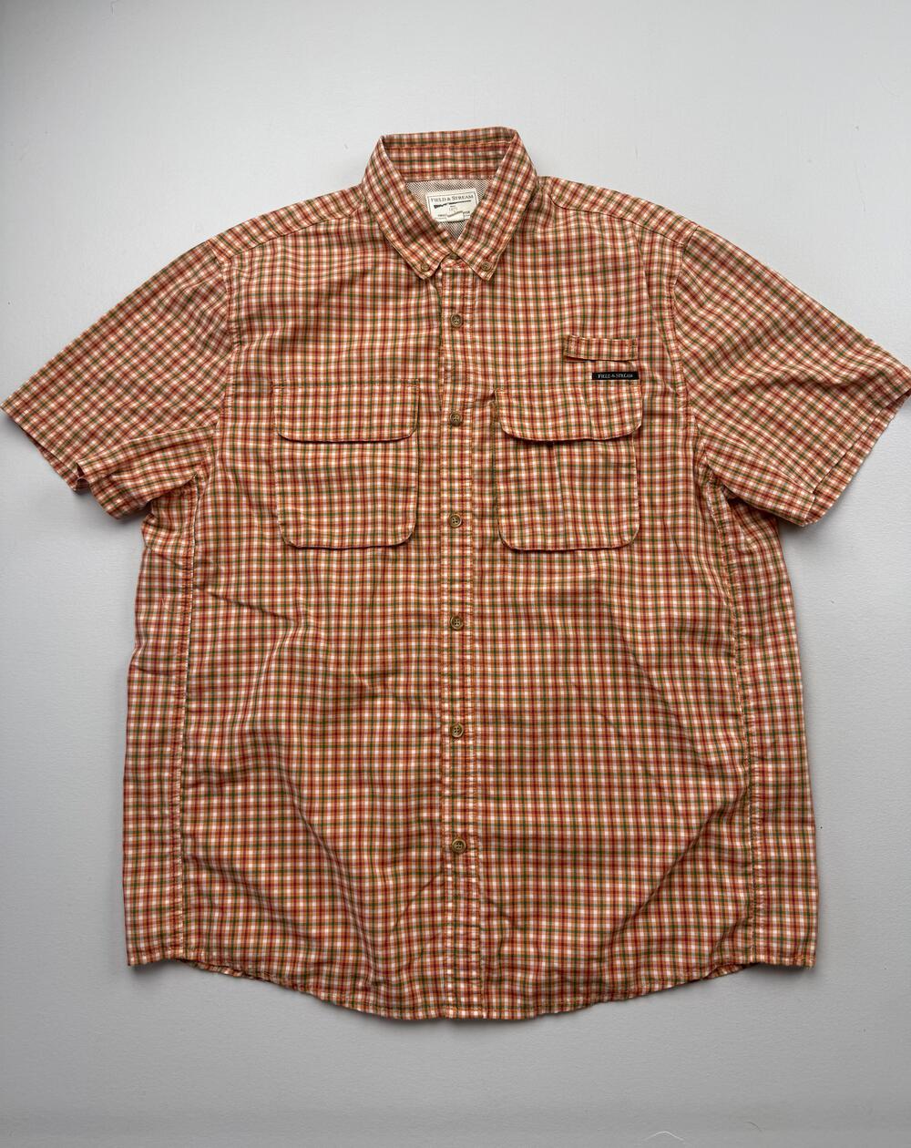 Field & Stream Shirt Mens Large Orange Check Short Sleeve Button Up Outdoor